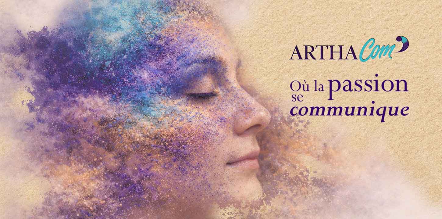 ARTHACOM - Où la passion se communique. Un visage féminin de profil qui apparait au milieu de pigments de couleurs