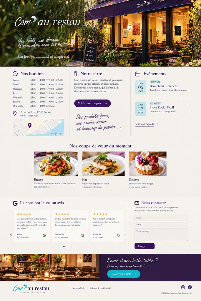Exemple d'un vitrine en ligne d'un restaurant, avec des fonctionnalités supplémentaires